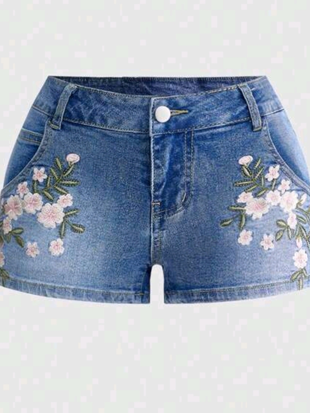 Floral Embroidered Denim Shorts - Blue